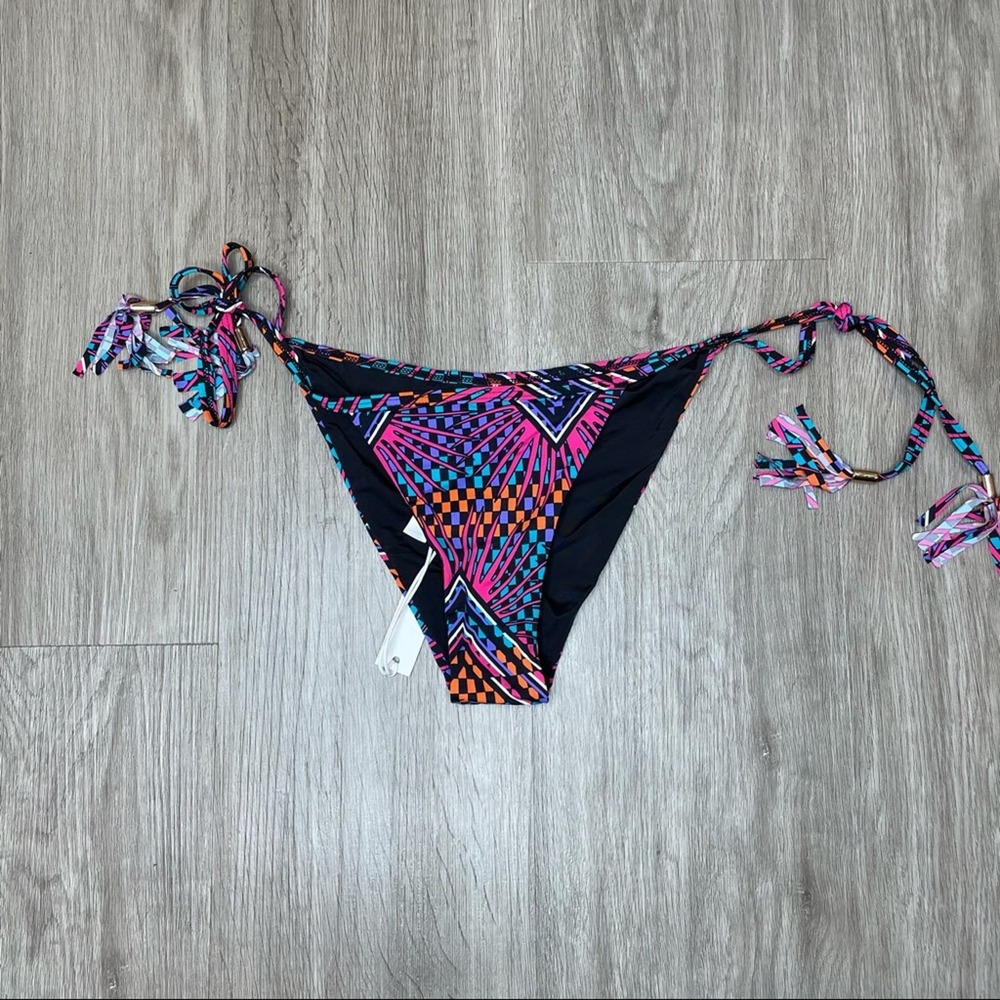 Tart Collections Women's Black Multi 80's Graphic Tie Side Bikini Bottoms sz XS